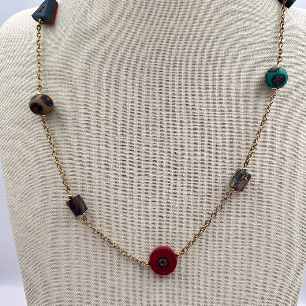 Vintage Y2K Beaded Gold Tone Chain Necklace Women's Classic Statement Jewelry